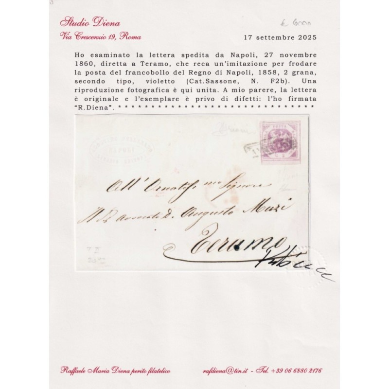 NAPOLI 1859-61 2 GRANA VIOLETTO FALSO II TIPO N.F2b US.SU BUSTA CER...