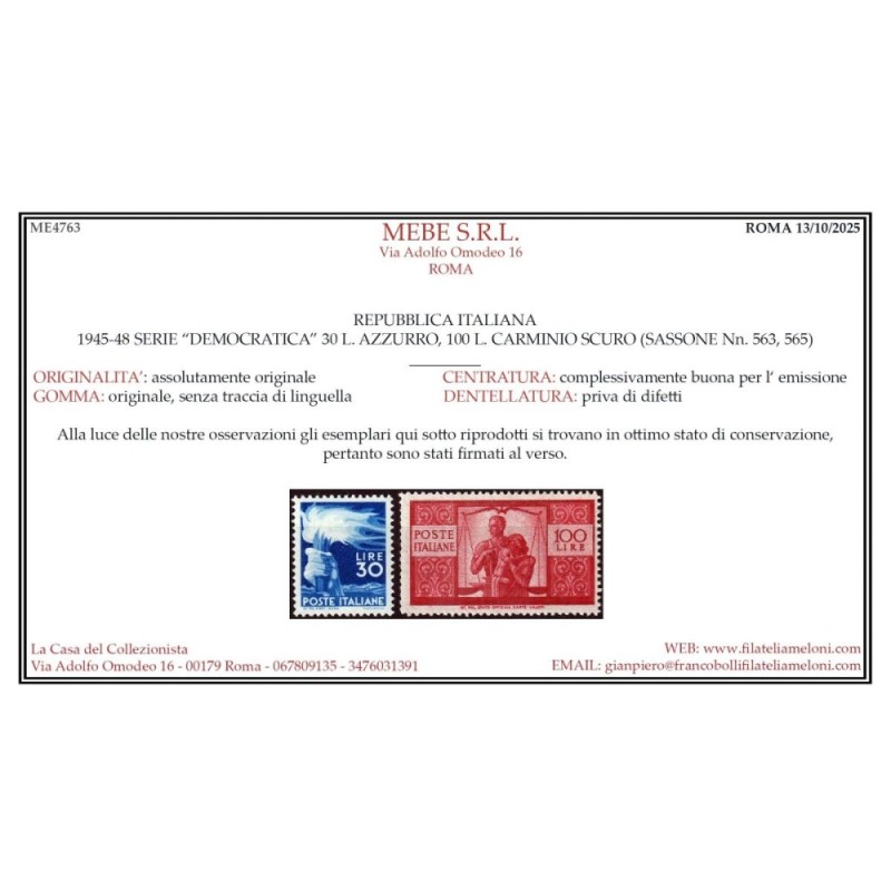 REPUBBLICA 1945-46 DEMOCRATICA 23 VALORI G.I MNH** CERT.  | Filatel...