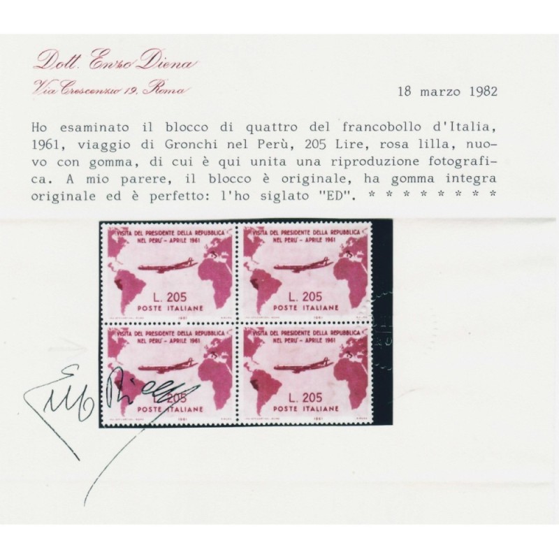 REPUBBLICA 1961 GRONCHI ROSA 205 LIRE G.I MNH** CERT.  | Filatelia ...