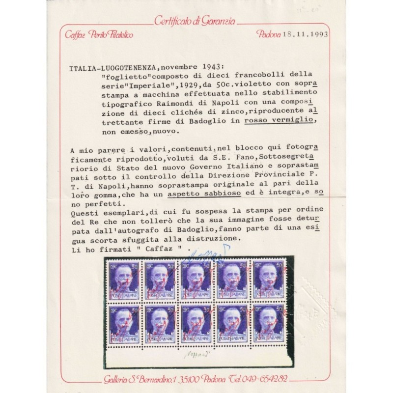 LUOGOTENENZA 1943 FOGLIETTO 50 C. BADOGLIO ROSSO VERMIGLIO 10 V. G....