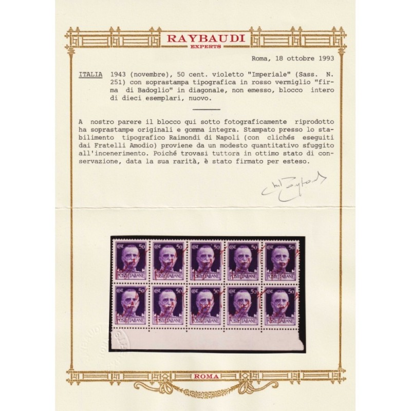 LUOGOTENENZA 1943 FOGLIETTO 50 C. BADOGLIO ROSSO VERMIGLIO 10 V. G....