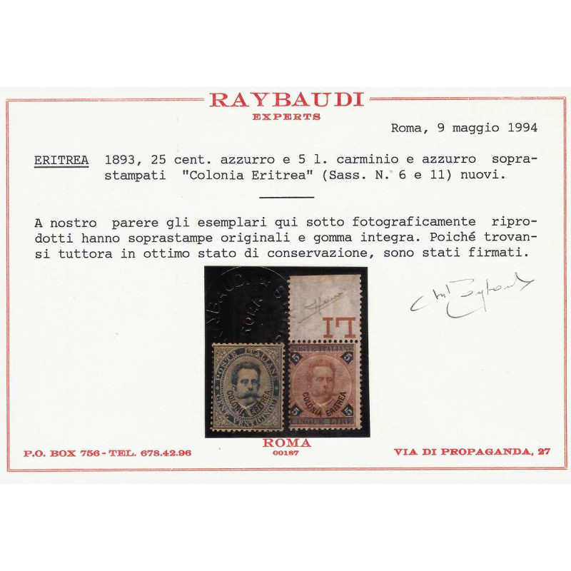 COLONIE ERITREA 1893 SOPRASTAMPATI 11 V. G.I. MNH** CERT.  | Filate...