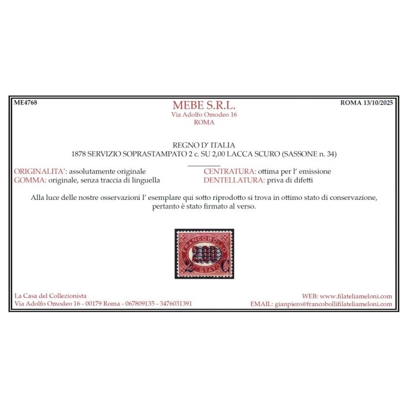 REGNO 1878 FRANCOBOLLI DI SERVIZIO ONDULINE 2 C. SU 2 L. N.34 G.I M...