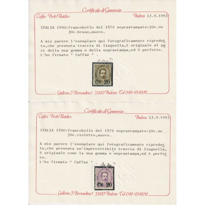 REGNO D'ITALIA 1890-91 UMBERTO SOPRASTAMPATI 3 V. G.O MH* CERT.  | ...