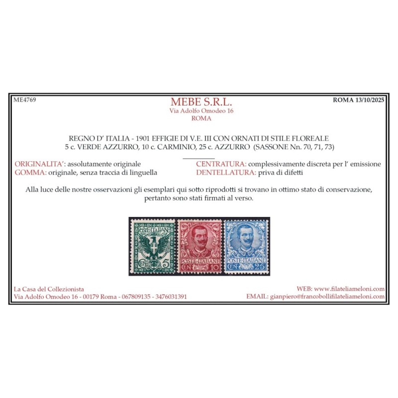 REGNO D'ITALIA 1901 FLOREALE SERIETTA 8 V. G.I MNH** CERT.  | Filat...