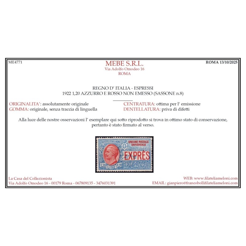 REGNO D'ITALIA 1922 ESPRESSO 1,20 LIRE N.8 G.I MNH** CERT. CENTRATO...