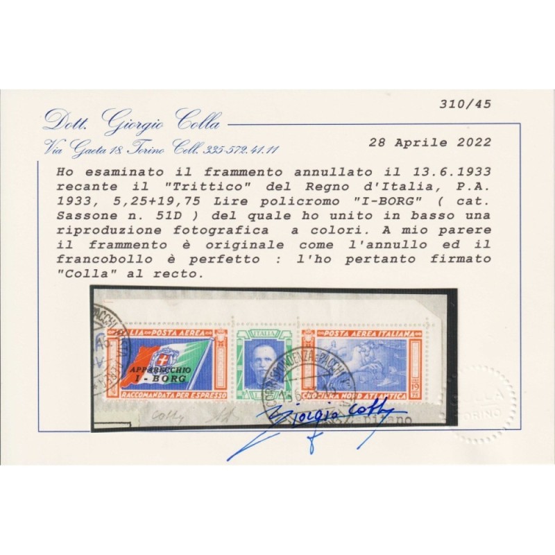 REGNO D'ITALIA 1933 P/A TRITTICO I – BORG 44,75 LIRE N.52D US. CERT...