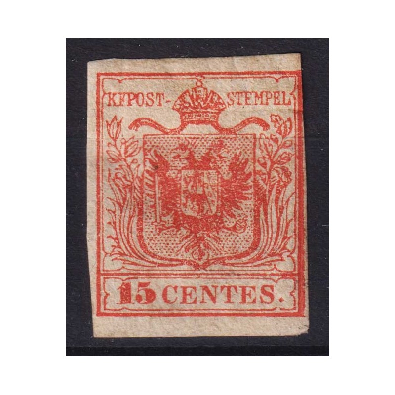 LOMBARDO VENETO 1850 15 CENTESIMI I TIPO I TIR. ROSSO N.3a G.O MH* ...