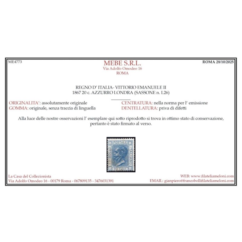 REGNO D'ITALIA 1867 20 CENTESIMI LONDRA N.L26 G.I MNH** CERT.  | Fi...