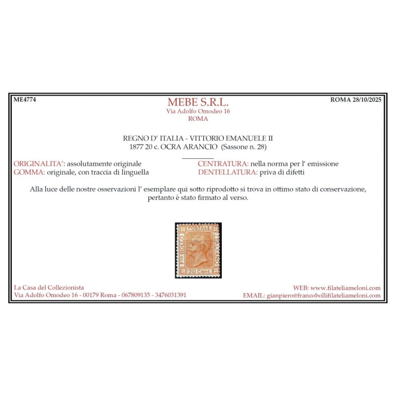 REGNO D'ITALIA 1877 20 CENTESIMI ARANCIO N.28 G.O MH* CERT.  | Fila...