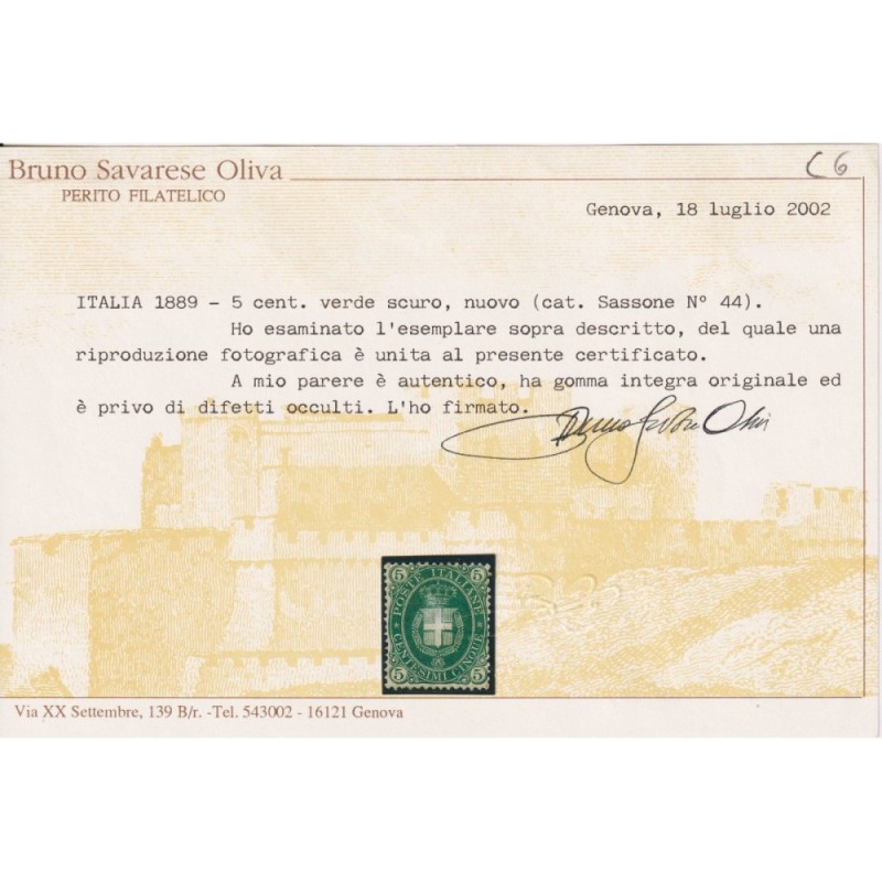 REGNO D'ITALIA 1889 STEMMA 5 CENTESIMI N.44 G.I MNH** CERT.  | Fila...