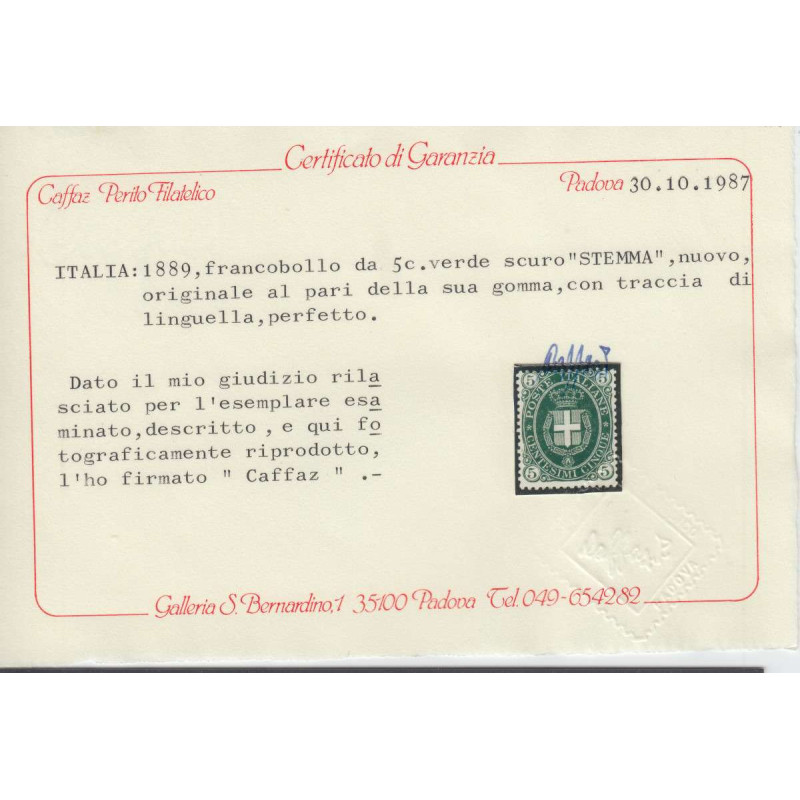 REGNO D'ITALIA 1889 STEMMA 5 CENTESIMI N.44 G.O MLH* CERT.  | Filat...