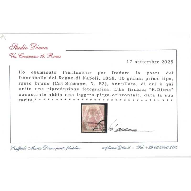 NAPOLI 1859-61 10 GRANA ROSSO BRUNO FALSO I TIPO N.F3 US.CERT.  | F...