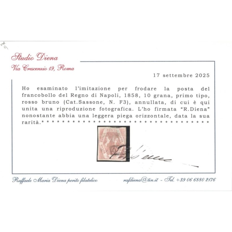 NAPOLI 1859-61 10 GRANA ROSSO BRUNO FALSO I TIPO N.F3 US.CERT.  | F...