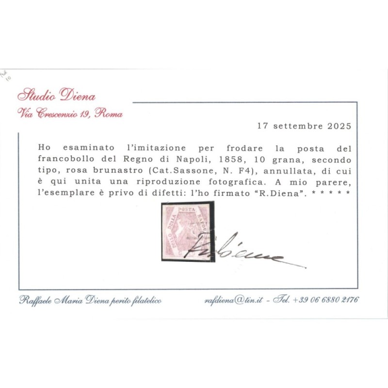 NAPOLI 1859-61 10 GRANA ROSA BRUNASTRO FALSO II TIPO N.F4 US.CERT. ...