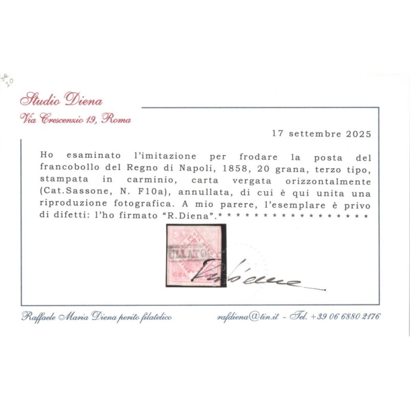 NAPOLI 1859-61 20 GRANA CARMINIO VERGATA FALSO III TIPO N.F10a US.C...