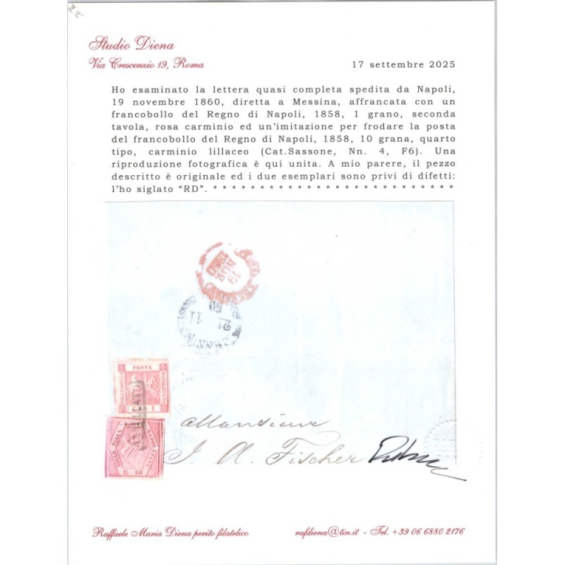 NAPOLI 1859-61 20 GRANA CARMINIO LILLACEO FALSO IV TIPO N.F6 SU BUS...