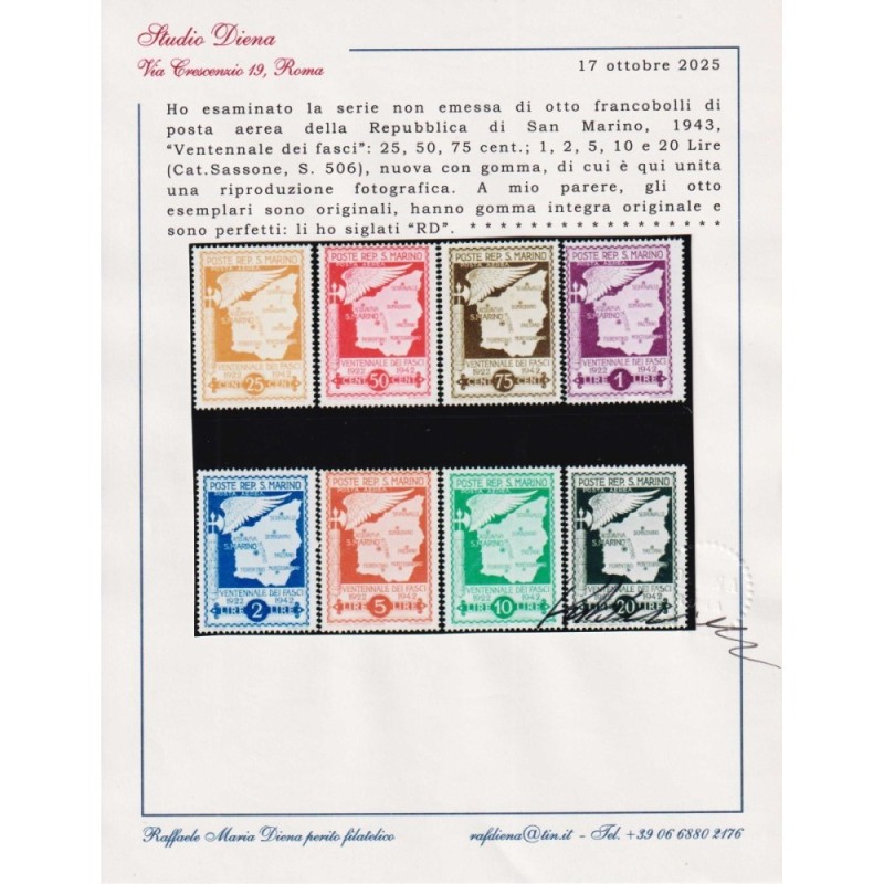 SAN MARINO 1943 VENTENNALE DEI FASCI NON EMESSI 8 V. G.I MNH** CERT...