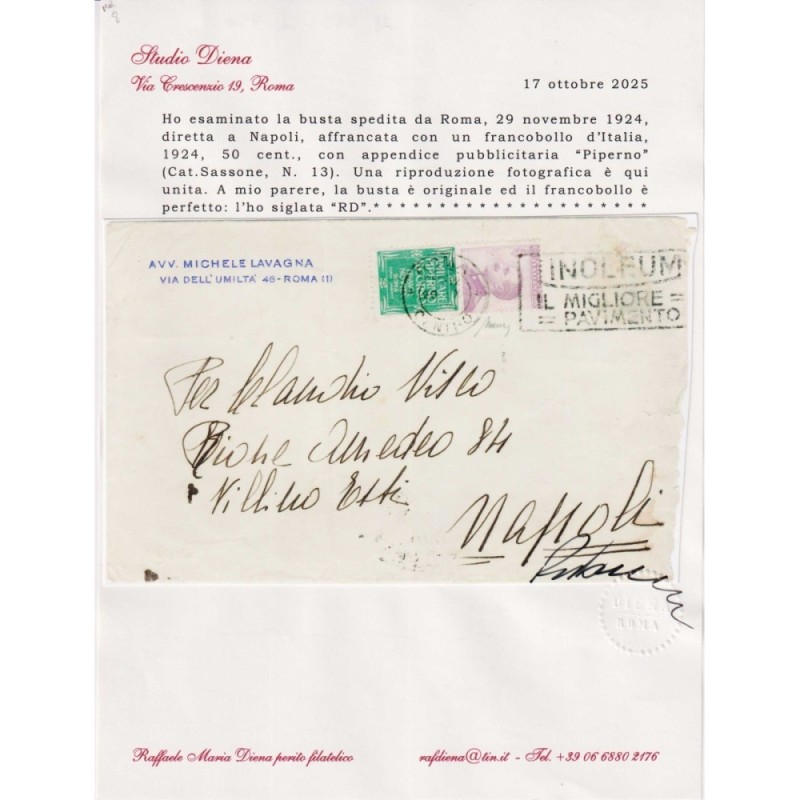 REGNO D'ITALIA 1924 PUBBLICITARI 50 C. PIPERNO N.13 US. SU BUSTA CE...
