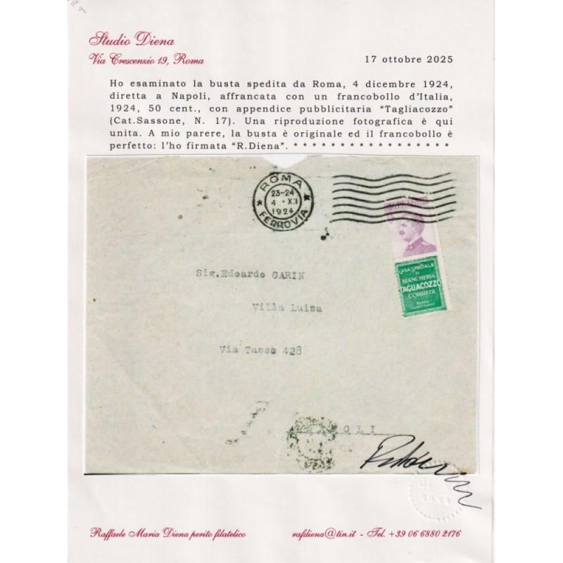 REGNO D'ITALIA 1924 PUBBLICITARI 50 C. TAGLIACOZZO N.17 US. SU BUST...