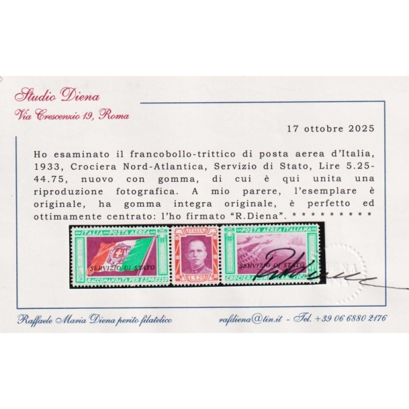 REGNO D'ITALIA 1933 TRITTICO SERVIZIO DI STATO G.I MNH** CERT.  | F...