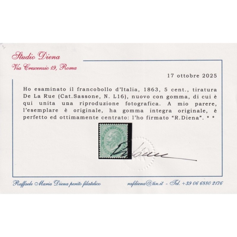 REGNO D'ITALIA 1863-65 5 CENTESIMI DE LA RUE N.L16 G.I MNH** CERT. ...
