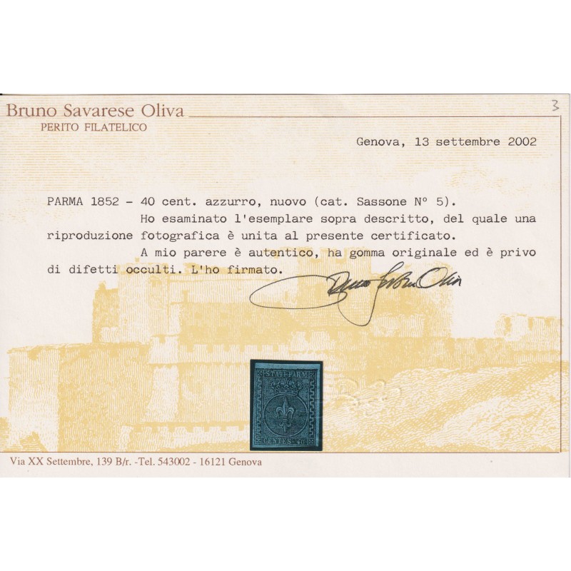 PARMA 1852 40 CENTESIMI N.5 G.O MH* CERT.  | Filatelia Meloni