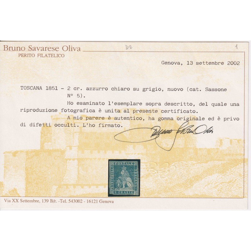 TOSCANA 1851 2 CRAZIE AZZURRO CHIARO N.5 G.O MH* CERT.  | Filatelia...