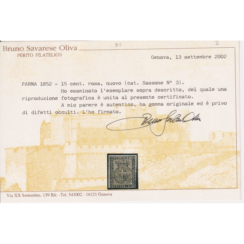 PARMA 1852 15 CENTESIMI ROSA N.3 G.O MH* CERT.  | Filatelia Meloni