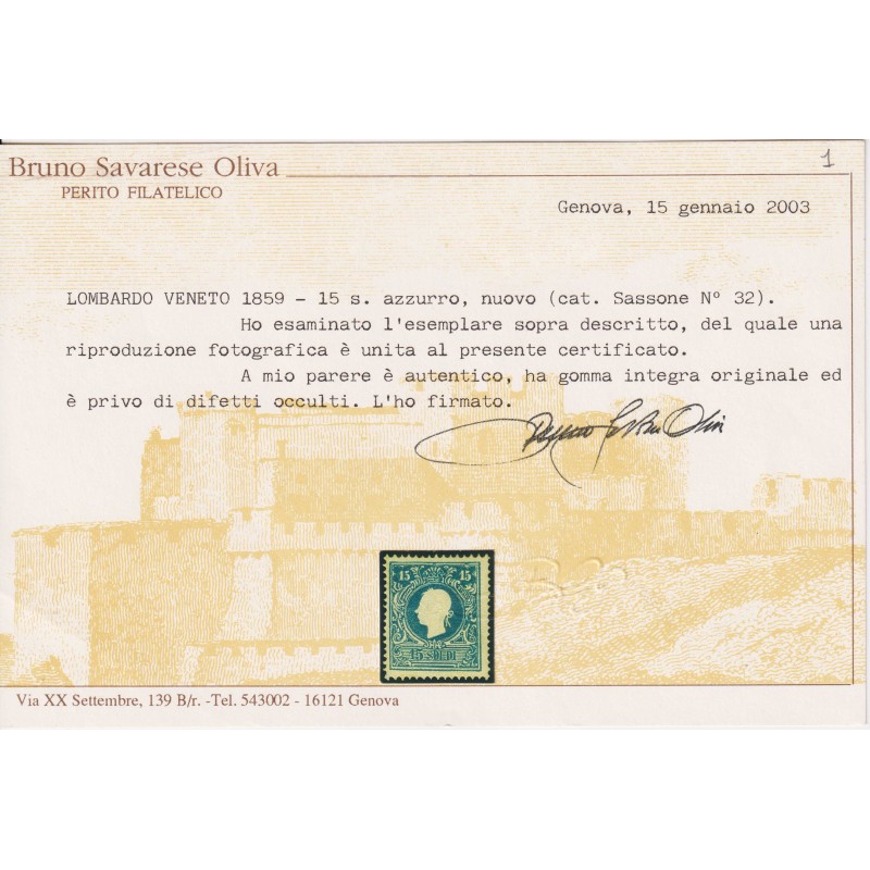 LOMBARDO VENETO 1859 15 SOLDI AZZURRO N.32 G.I MNH** CERT.  | Filat...