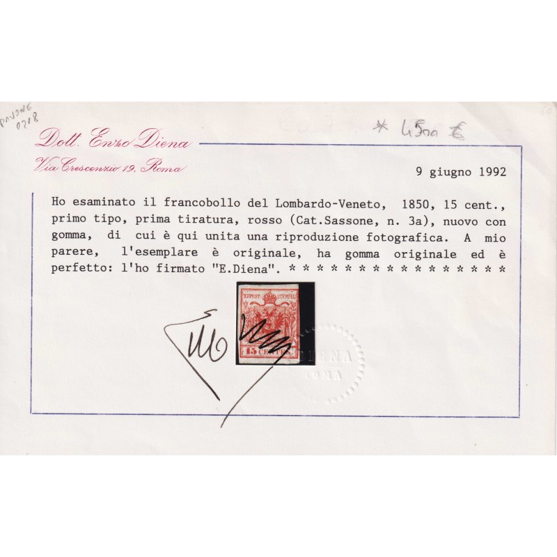 LOMBARDO VENETO 1850 15 CENTESIMI I TIPO I TIR. ROSSO N.3a G.O MH* ...