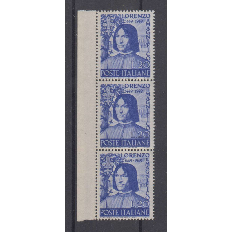 REPUBBLICA 1949 STRISCIA DI 3 LORENZO IL MAGNIFICO G.I MNH** FILIGR...