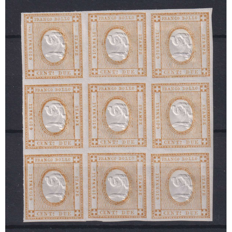 REGNO D'ITALIA 1862 CIFRA IN RILIEVO BLOCCO DA 9 V. G.I MNH** CERT....
