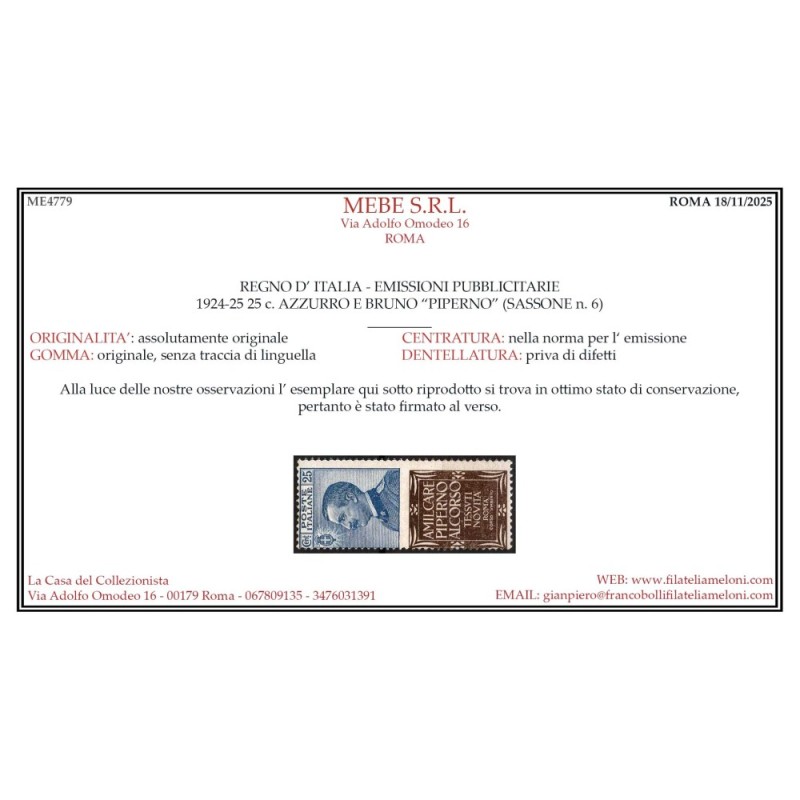 REGNO D'ITALIA 1924 PUBBLICITARI 25 C. PIPERNO N.6 G.I MNH** CERT. ...