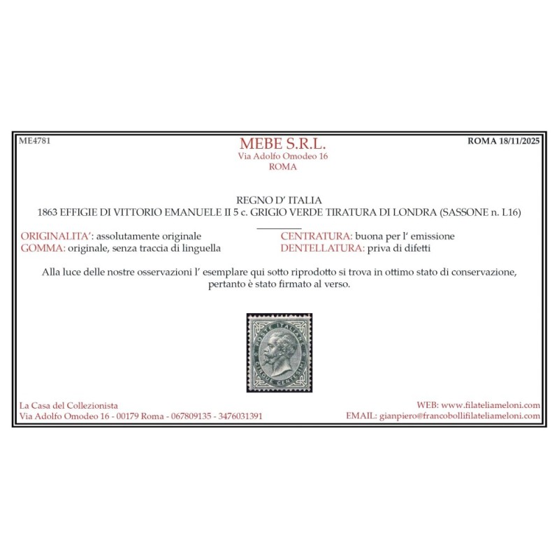 REGNO D'ITALIA 1863-65 5 CENTESIMI DE LA RUE LONDRA N.L16 G.I MNH**...
