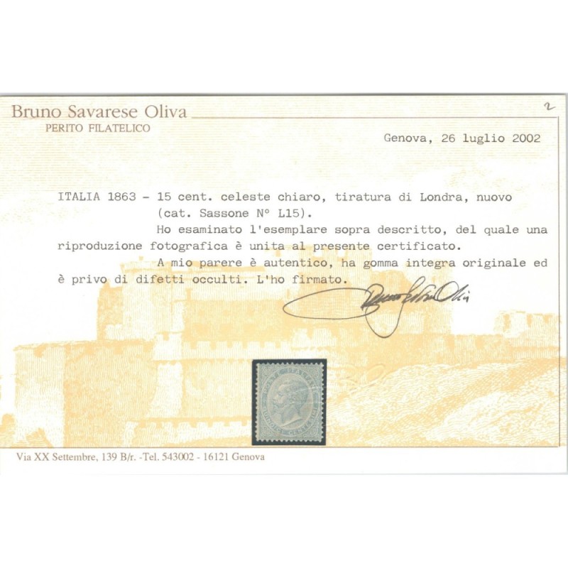 REGNO D'ITALIA 1863-65 15 CENTESIMI DE LA RUE LONDRA N.L18 G.I MNH*...