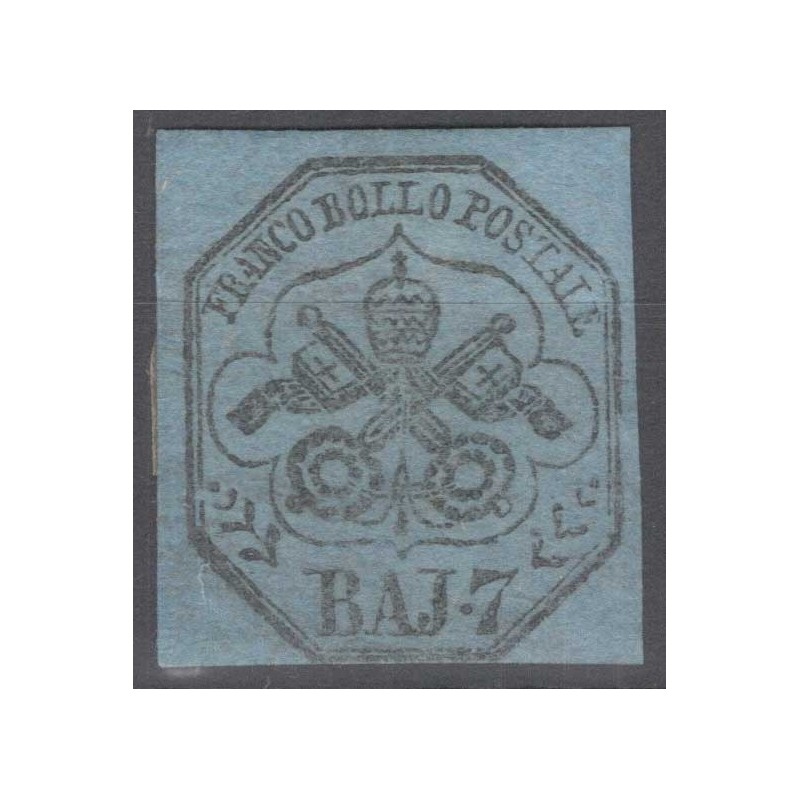 STATO PONTIFICIO 1852 7 BAJOCCHI AZZURRO N.8a G.O MH* CERT.  | Fila...