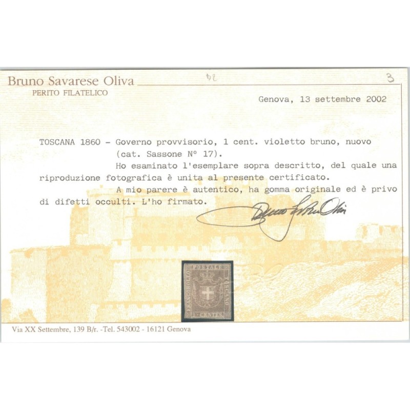 TOSCANA 1860 GOVERNO PROVVISORIO 1 CENTESIMO N.17 G.O MH* CERT.  | ...