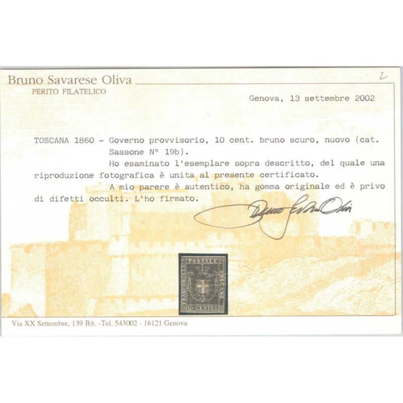 TOSCANA 1860 GOVERNO PROVVISORIO 10 CENTESIMI N.19a G.O MH* CERT.  ...