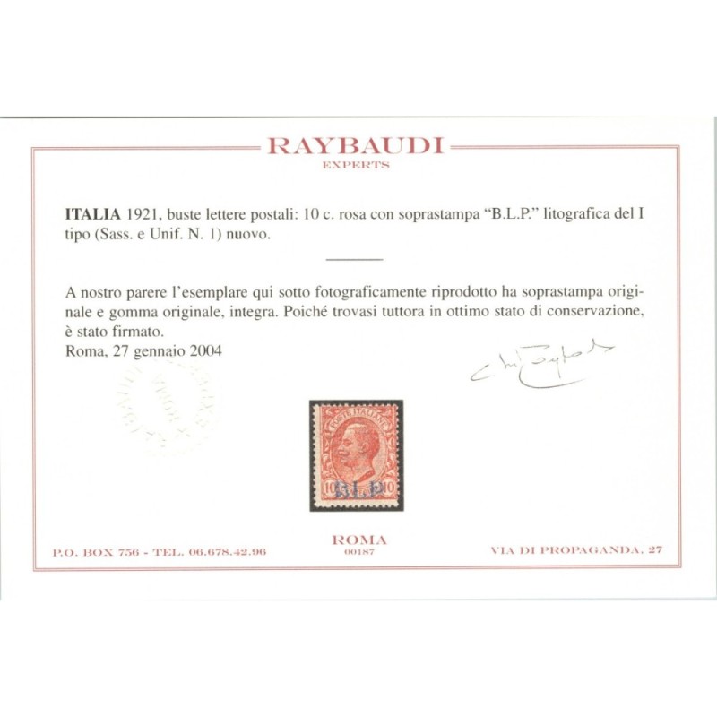 REGNO D'ITALIA 1921 B.L.P. 10 CENTESIMI I TIPO N.1 G.I MNH** CERT. ...