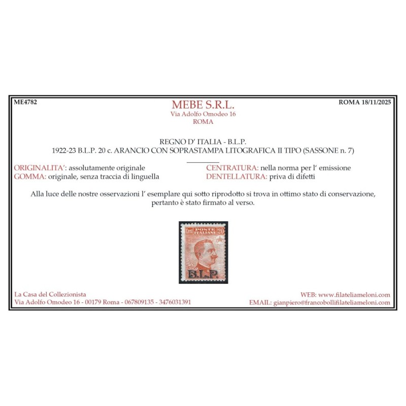 REGNO D'ITALIA 1922-23 B.L.P. 20 CENTESIMI II TIPO N.7 G.I MNH** CE...