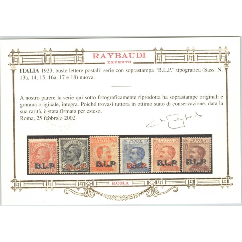 REGNO D'ITALIA 1923 B.L.P. SERIE COMPLETA III TIPO 6 V. N.13-18 G.I...