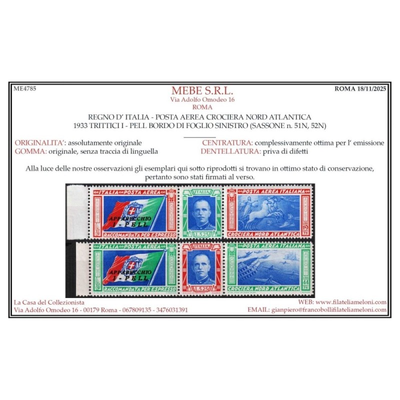 REGNO 1933 P/A TRITTICI CROCIERA NORD ATLANTICA I – PELL G.I MNH** ...