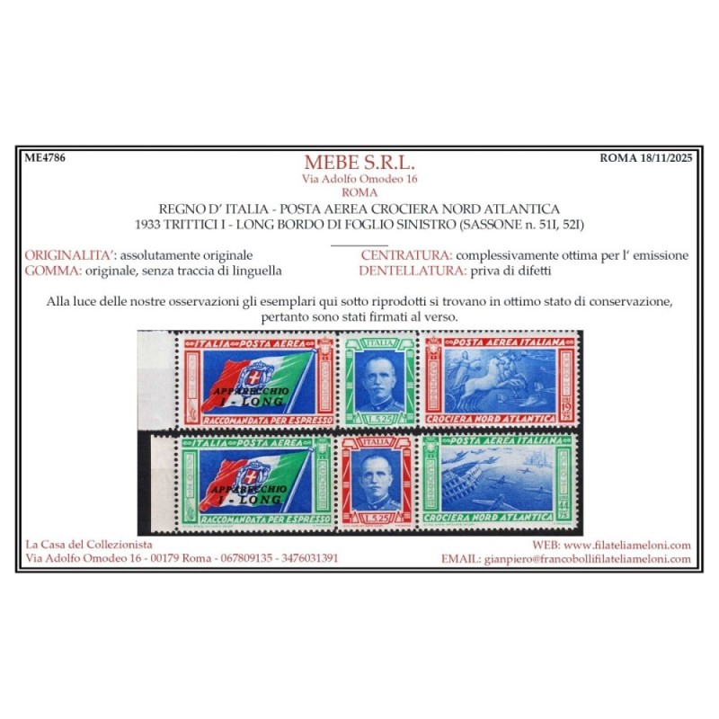 REGNO 1933 P/A TRITTICI CROCIERA NORD ATLANTICA I – LONG G.I MNH** ...