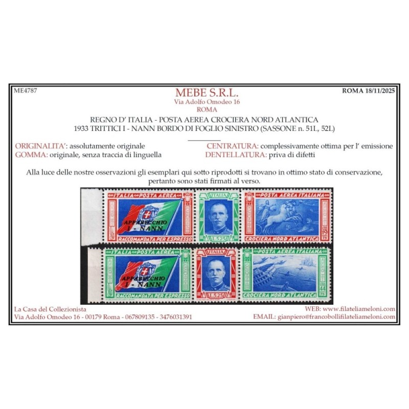 REGNO 1933 P/A TRITTICI CROCIERA NORD ATLANTICA I – NANN G.I MNH** ...