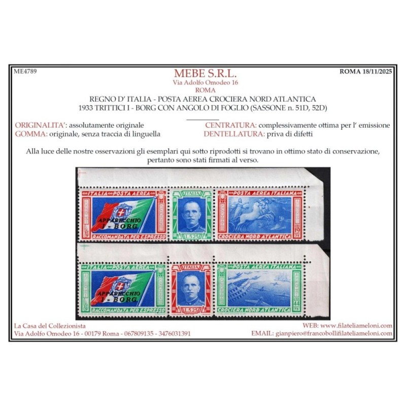 REGNO 1933 P/A TRITTICI CROCIERA NORD ATLANTICA I – BORG G.I MNH** ...