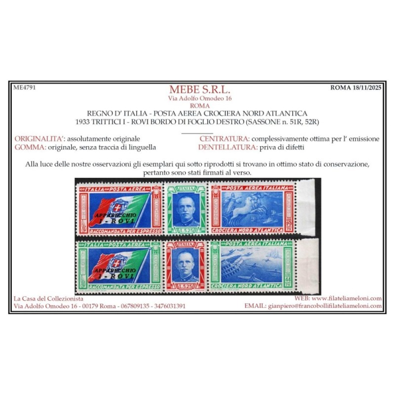 REGNO 1933 P/A TRITTICI CROCIERA NORD ATLANTICA I – ROVI G.I MNH** ...