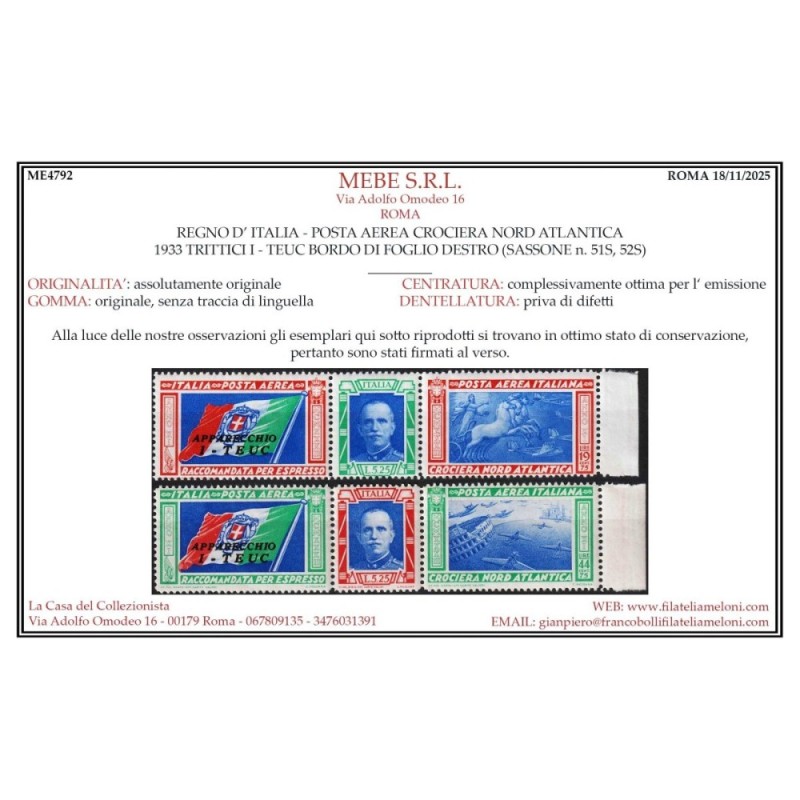 REGNO 1933 P/A TRITTICI CROCIERA NORD ATLANTICA I – TEUC G.I MNH** ...