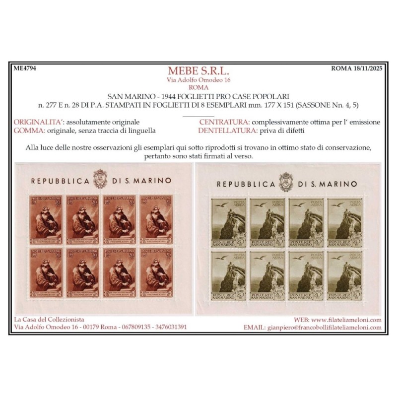 SAN MARINO 1944 FOGLIETTI PRO CASE POPOLARI 2 V. N.4-5 G.I MNH** CE...