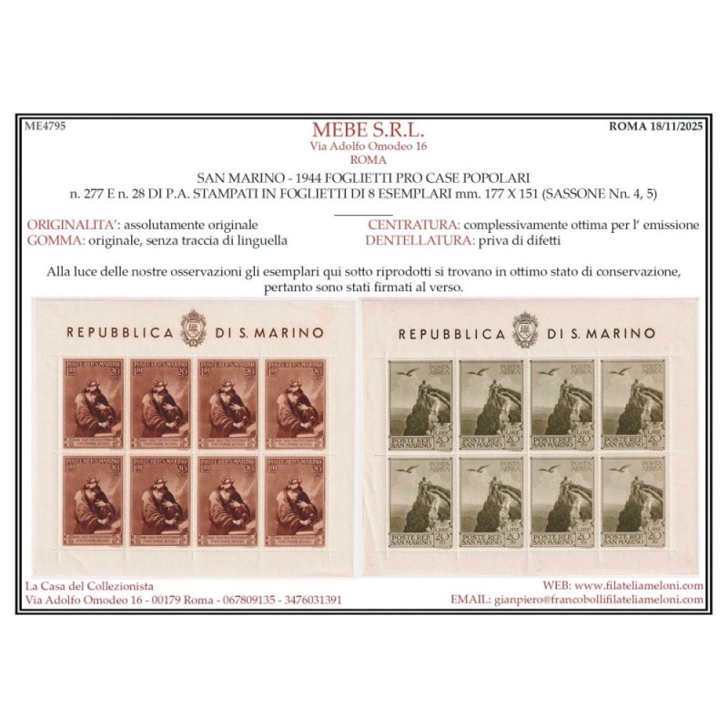 SAN MARINO 1944 FOGLIETTI PRO CASE POPOLARI 2 V. N.4-5 G.I MNH** CE...